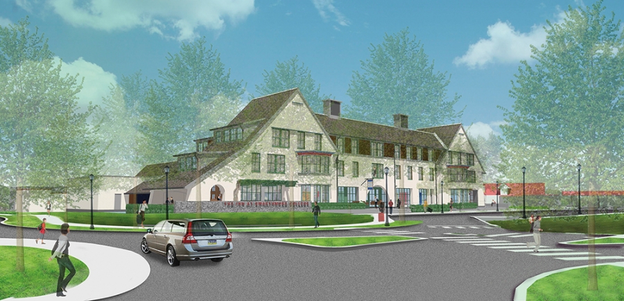 An illustration of a building in a town.
